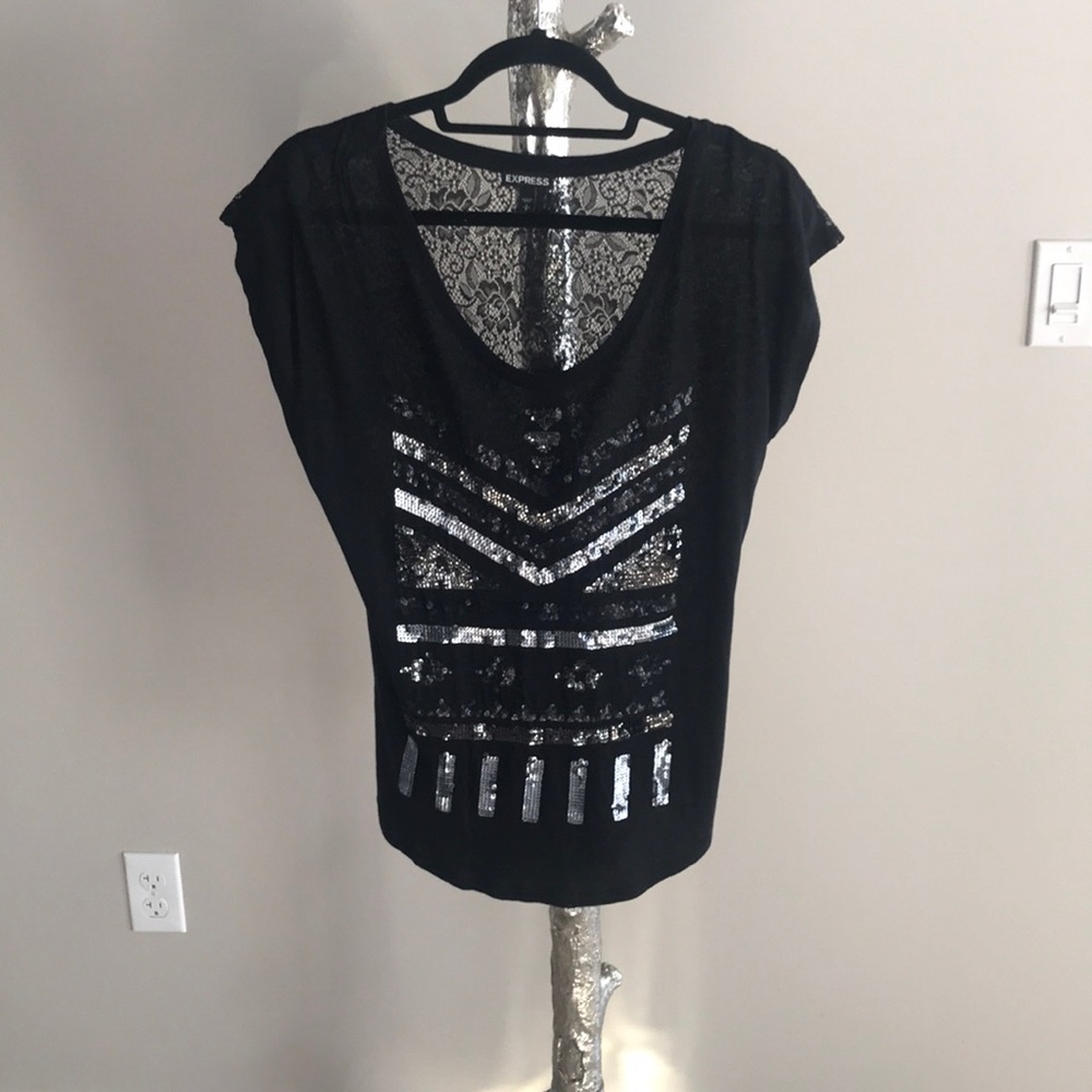 EXPRESS Black Graphic Sequin front and Lace Back T